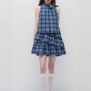 Sleepless Sea Summer blue checkered loose slim sleeveless ruffle cake dress for women