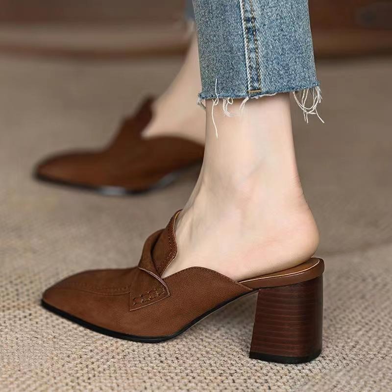 Summer and autumn thick heeled half-drag women wear lazy mules shoes for outdoor wear simple square toe high heeled lazy shoes