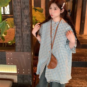 Real shot ~ Japanese loose plaid retro fungus lace shirt women's casual and fashionable mid-length top