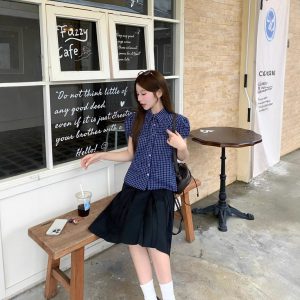 Real shot of retro blue grid design puff sleeve shirt for women in summer loose casual top