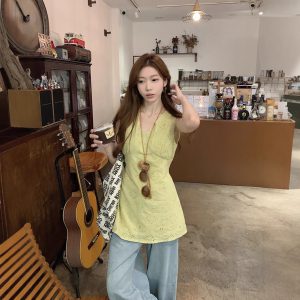 Real photo of Korean gentle style collar yellow hollow embroidered shirt mid-length waist sleeveless lace top