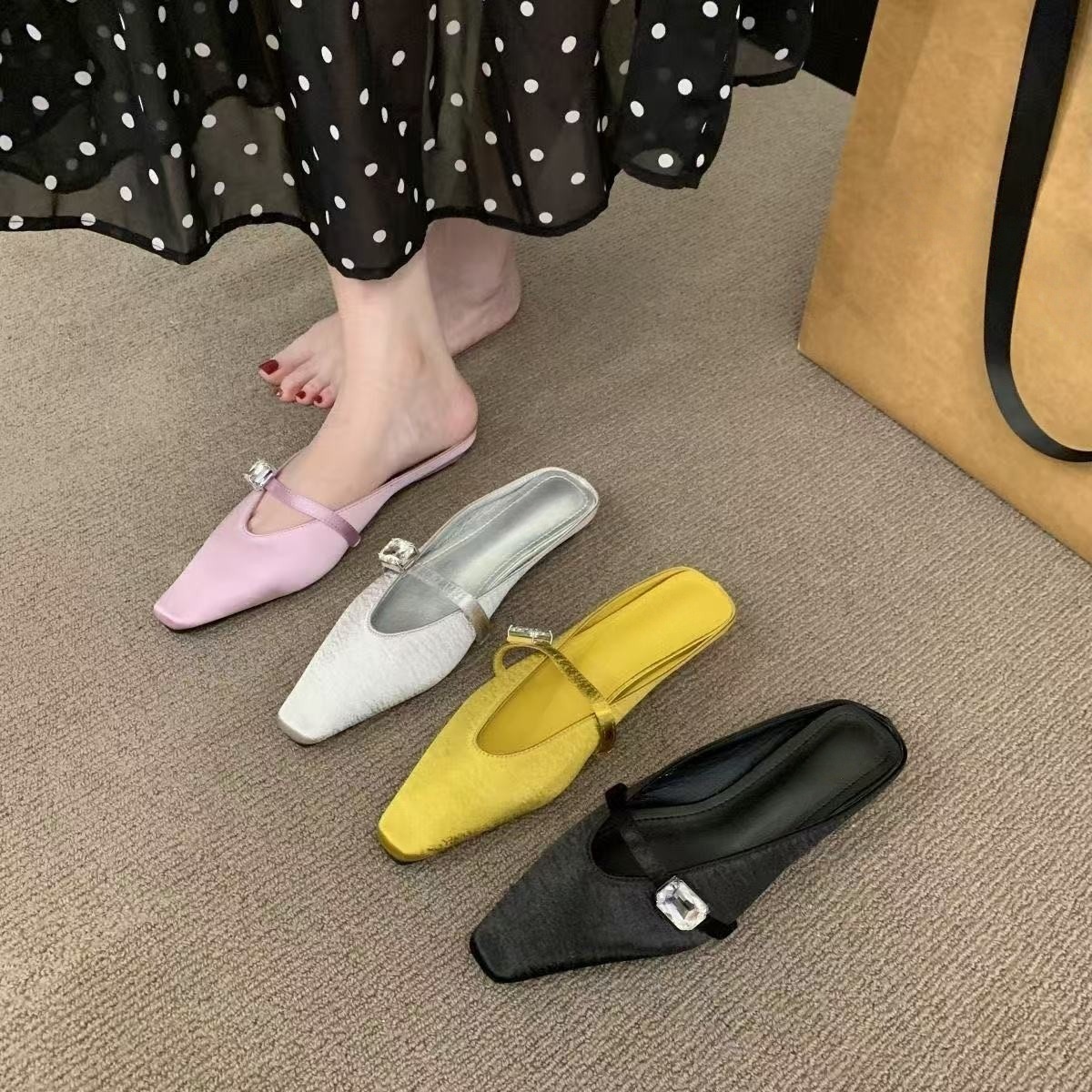 Spring and summer women's shoes fashionable satin rhinestone square-toe slippers for women flat heel bag half-slippers for women