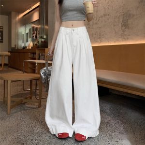 Real-life American white jeans for women in summer high waist loose drooping wide-leg floor trousers