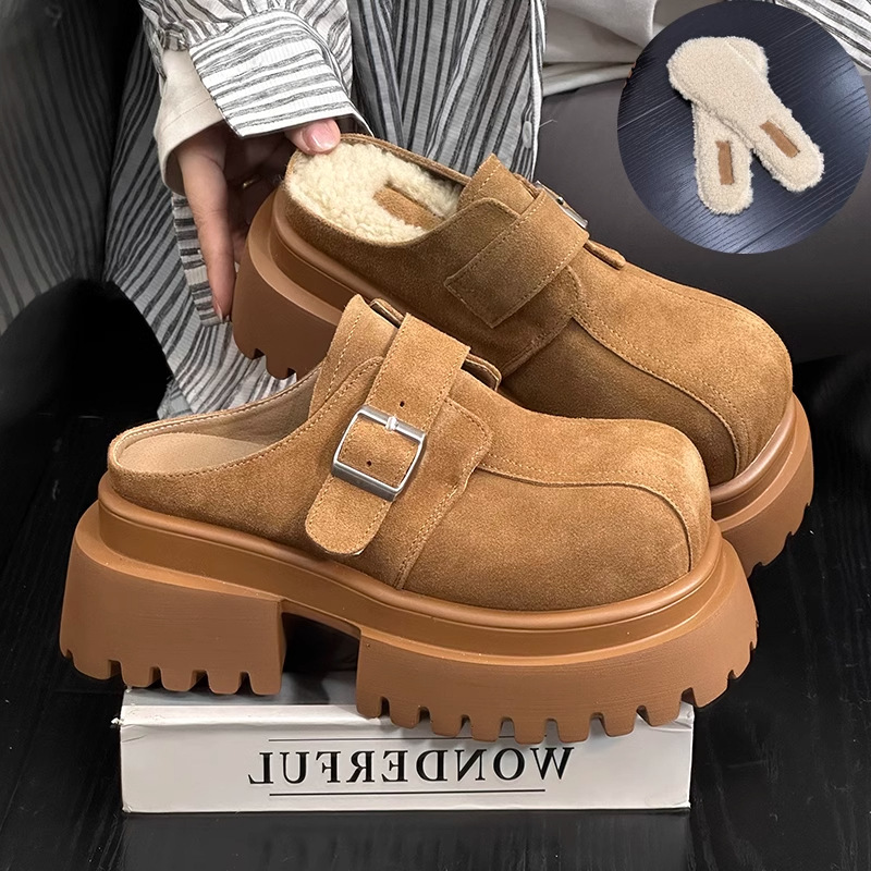 Frosted soft leather sponge cake thick-soled slippers for women wearing retro and fashionable retro simple small person heightened half-slippers trendy