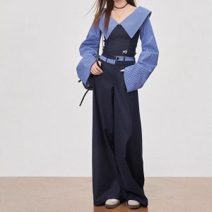 One-shoulder striped splicing slim bodysuit college casual pants