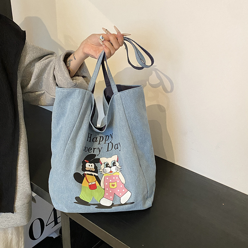 Canvas bag style versatile shoulder bag large capacity cartoon denim double-sided canvas commuting tote bag