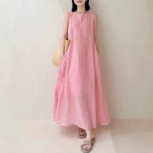 Homemade peach blossom skirt Summer temperament hides flesh and whites high-quality Korean numb loose dress