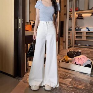 Real shot~ American retro blue flare jeans for women with high waist loose drooping wide-leg floor trousers