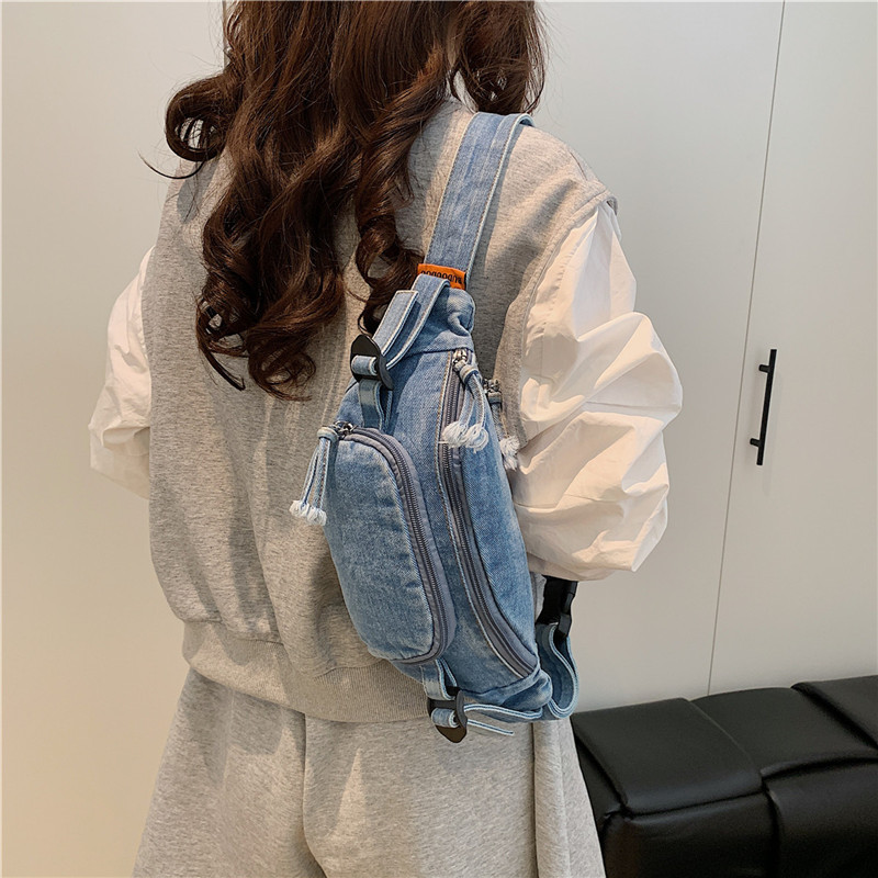 Hong Kong style retro denim waist bag breast bag men and women large capacity fashionable literary student versatile mobile phone crossbody shoulder bag
