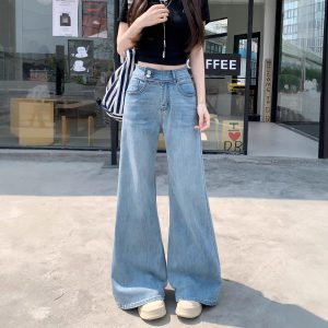 Real photos of summer loose and slightly loose elastic jeans for women's casual and versatile wide-leg trousers