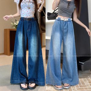 Real photo~ American retro wide-leg jeans for women with high waist loose design floor trousers