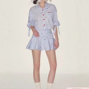 Lapel mid-sleeved waist-hugging shirt skirt blue and white striped dress ruffled pleated skirt