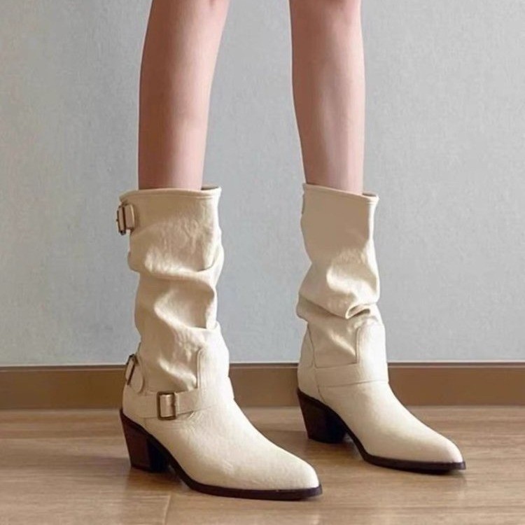 Boots for women's summer high-end leather belt buckle Martin boots pointed toe thick heel pile boots Western denim boots