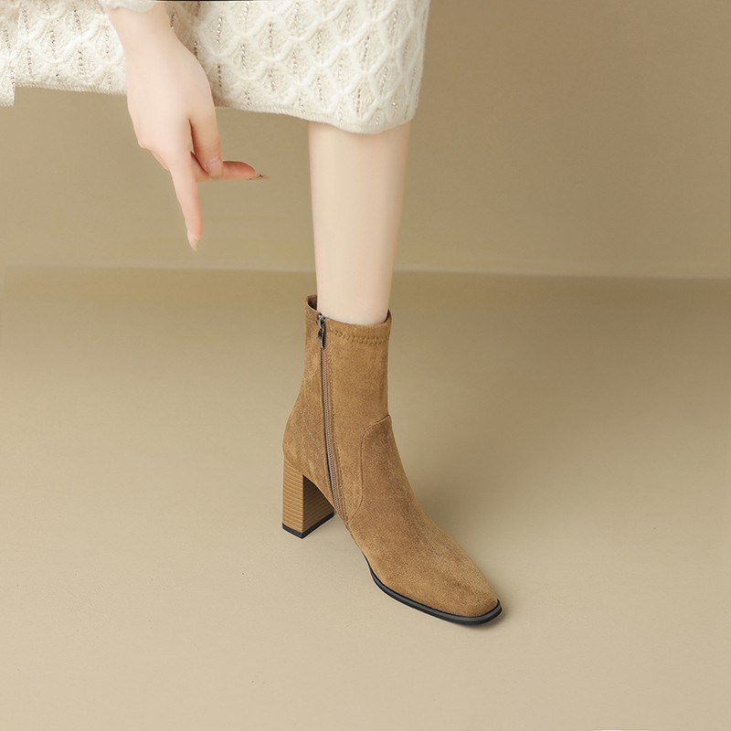 Retro British style thick heel Martin boots autumn and winter suede square toe side zipper short boots thin stretch boots