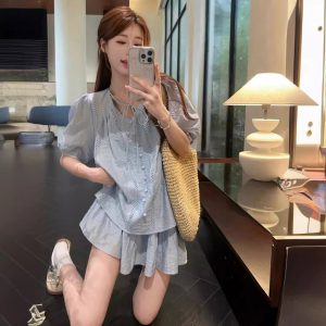 Real shot~ Summer loose and versatile short-sleeved shirt top elastic waist wide-leg short skirt casual suit