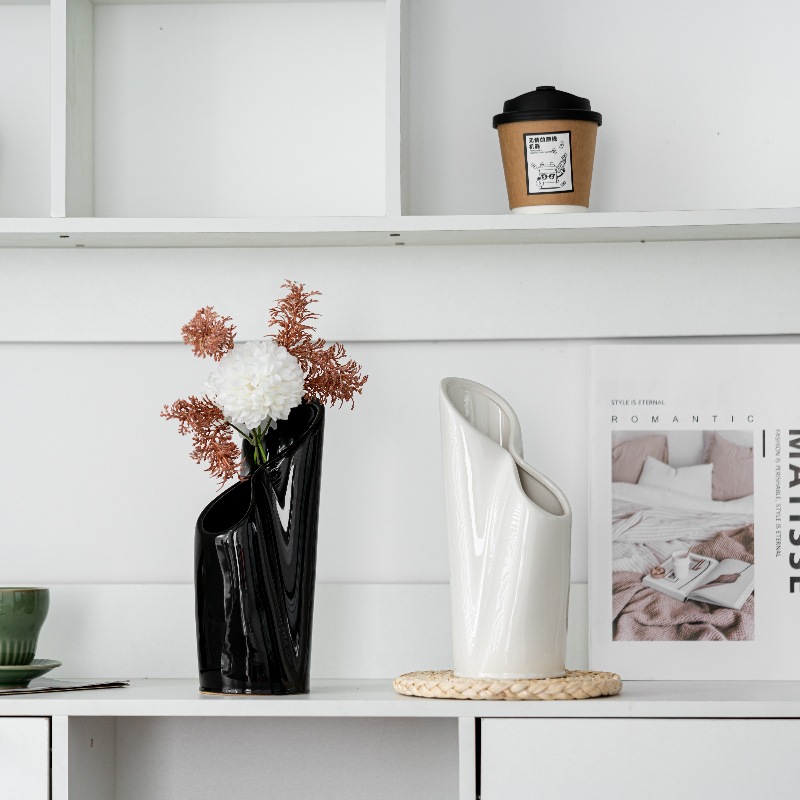 Modern simple ceramic vase light luxury high-end ornaments high and low mouth art flower insert