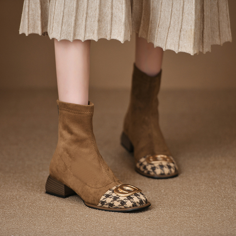 Square toe thick heel metal buckle thin boots for women in autumn and winter middle heel rear zipper short boots for thousands of bird color-blocking fashion boots